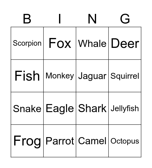 BINGO ANIMALS Bingo Card