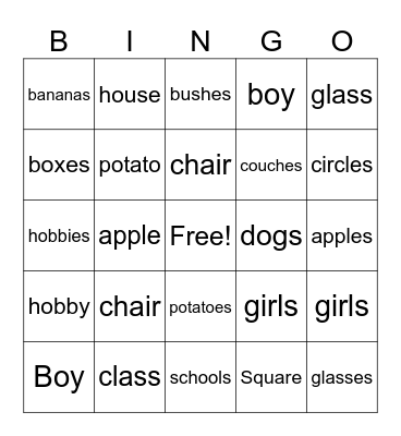 Singular and Plural Nouns Bingo Card