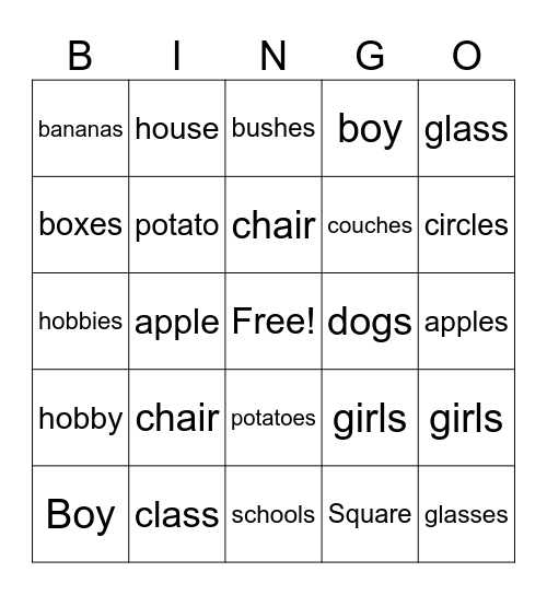 Singular and Plural Nouns Bingo Card