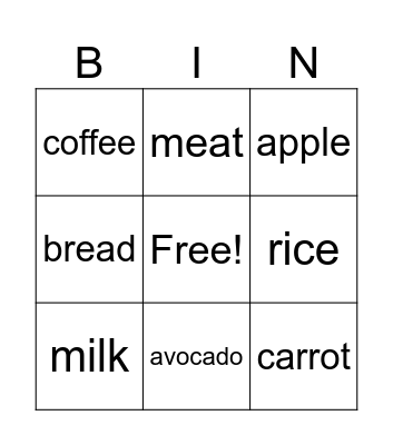 Food Bingo Card