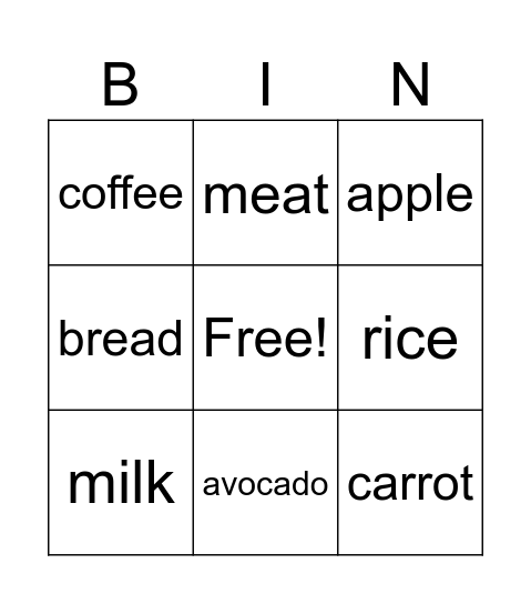 Food Bingo Card