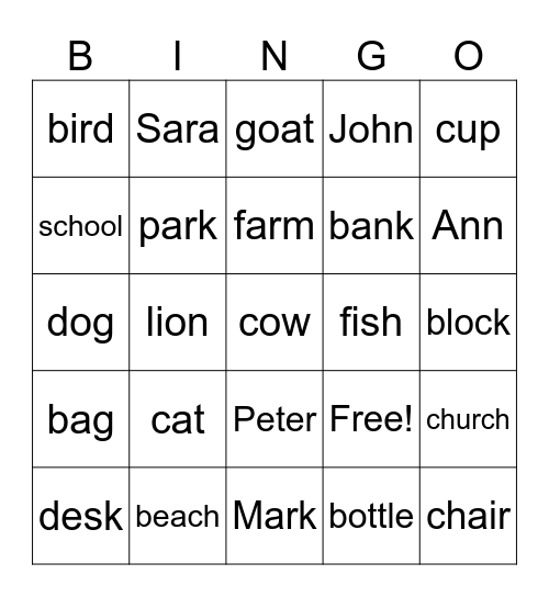 Nouns Bingo Card