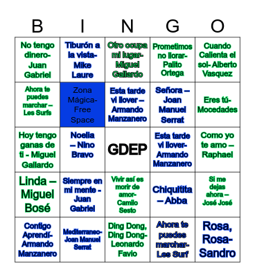 Bingo Musical Bingo Card