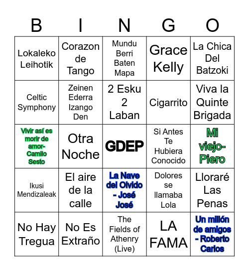 Bingo Musical Bingo Card