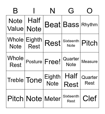 Beginning Music Theory Words Bingo Card