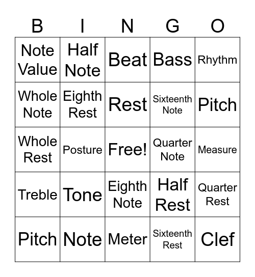 Beginning Music Theory Words Bingo Card
