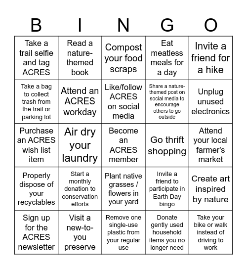 Earth Day Bingo Card