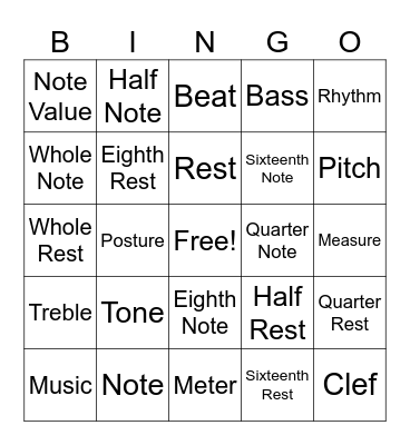 Beginning Music Theory Words Bingo Card