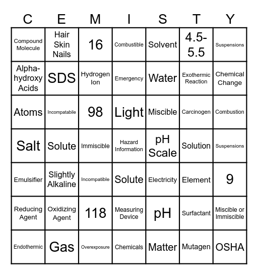 CHEMISTRY BINGO Card