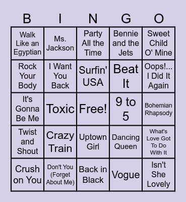 Throwback Hits Bingo Card