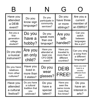 CFO DEIB Icebreaker Bingo Card