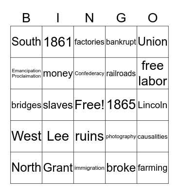 Civil War BINGO Card