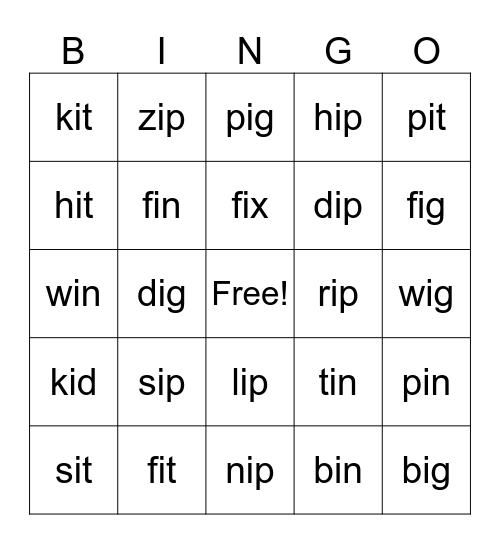 short i Bingo Card