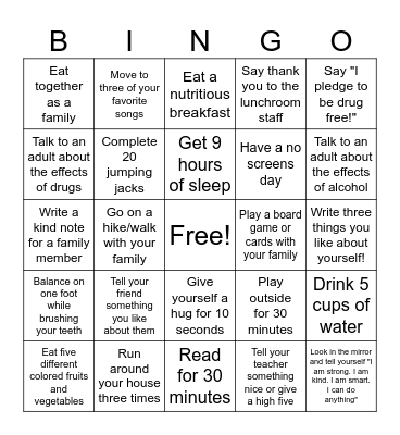 Healthy Choices Bingo Card