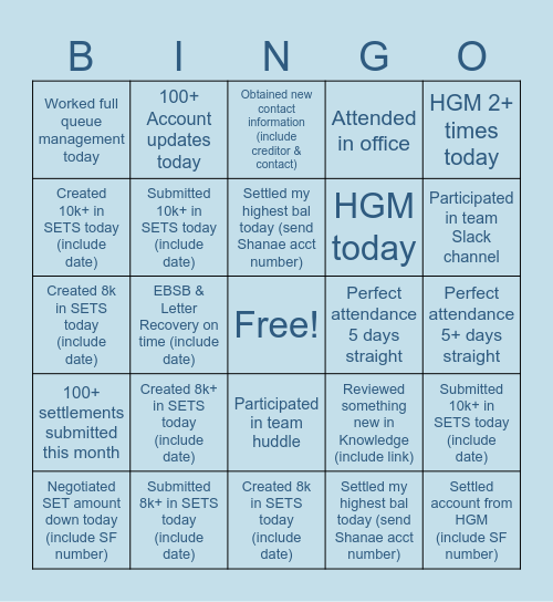 Team Bingo! Bingo Card