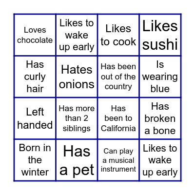 Get to know each other Bingo Card