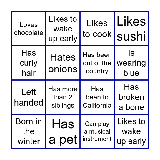 Get to know each other Bingo Card