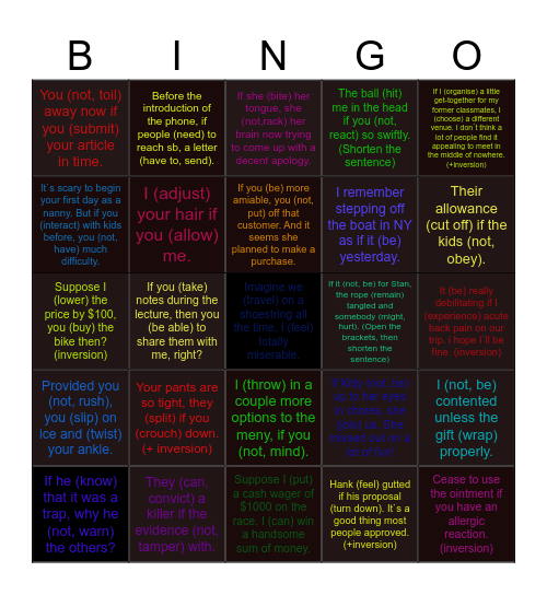 Conditionals (all types) Bingo Card