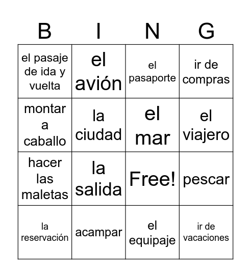 Lección 5 Las Vacaciones Bingo Card
