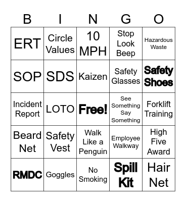 Safety  Bingo Card