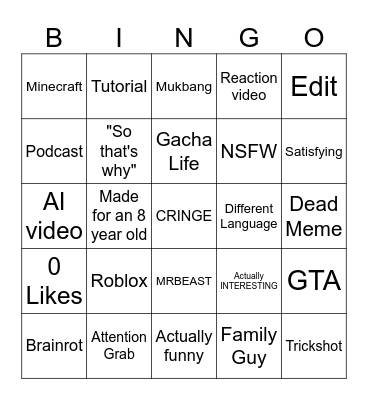 2025 yt shorts bingo Card