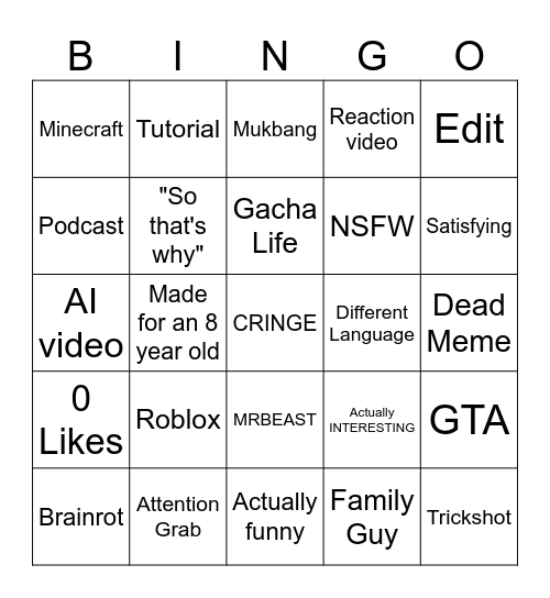 2025 yt shorts bingo Card