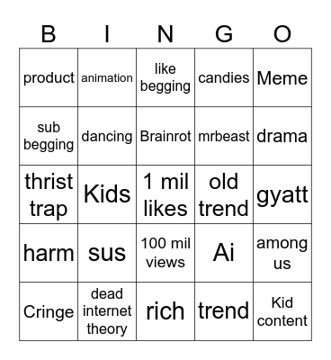 Youtube shorts Bingo Card