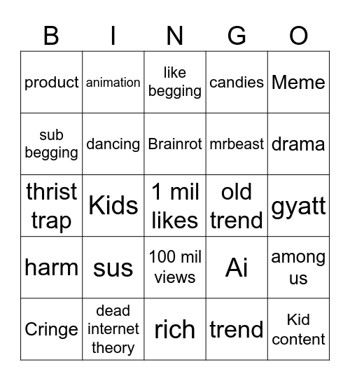 Youtube shorts Bingo Card