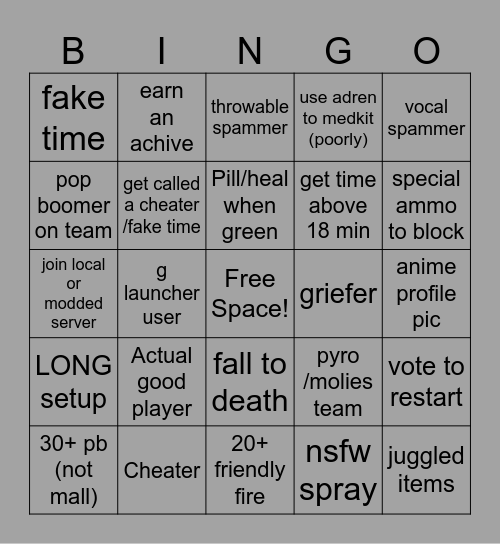 Left 4 dead 2 Pub Survival Bingo Card