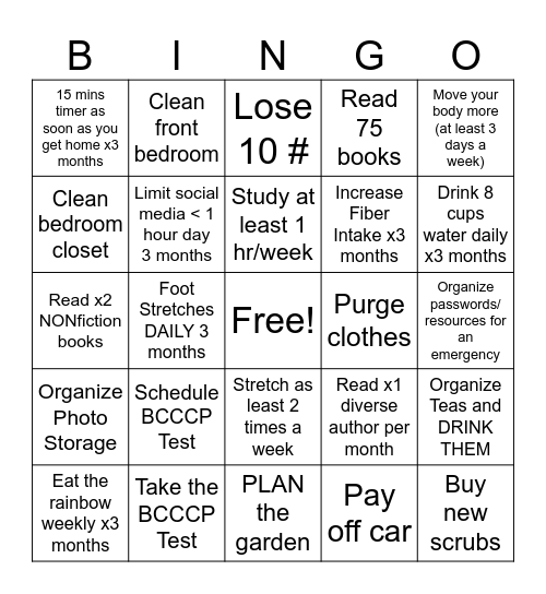 New Year's Goals Bingo Card