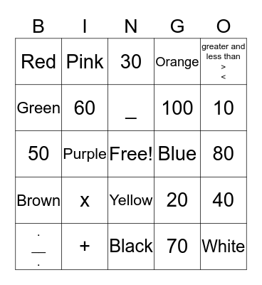 Colors, Numbers and Math Signs Bingo Card