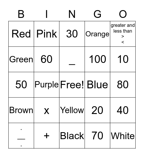 Colors, Numbers and Math Signs Bingo Card