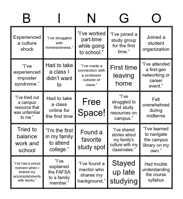 First-Generation College Student Bingo Card Bingo Card