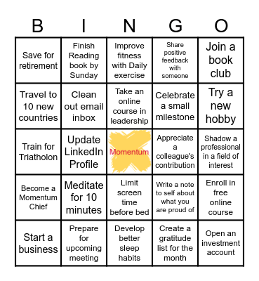 Meaningful Goal Setting Bingo Card