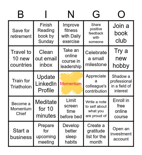 Meaningful Goal Setting Bingo Card