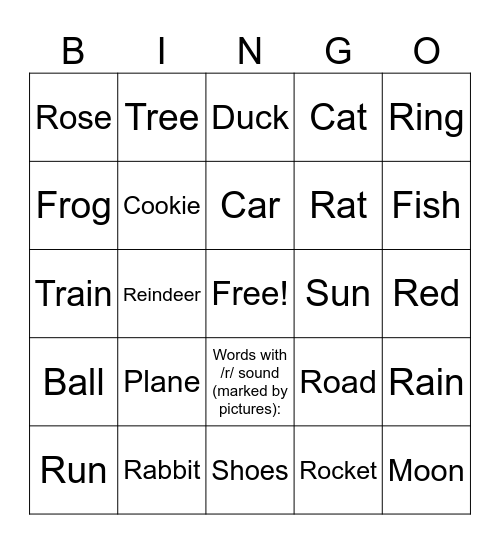 R auditory discrimination Bingo Card