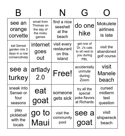 Lanai Bingo Card