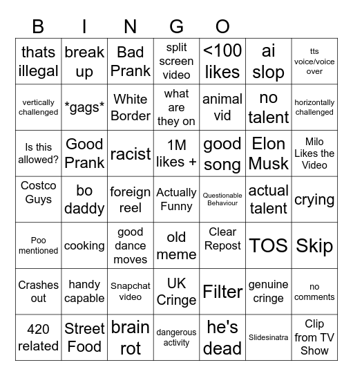 IG REEL Bingo Card