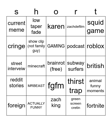 U TUBBEH JACK IS SHORT Bingo Card