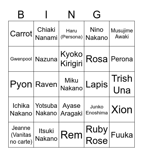 Waifu 2.0 Bingo Card
