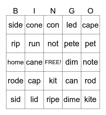 CVC and CVCe Words Bingo Card