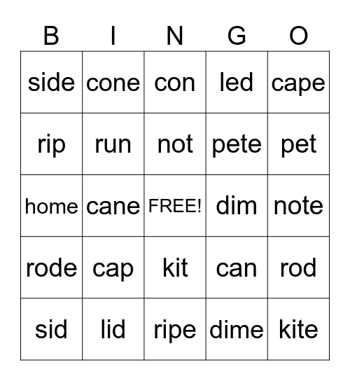 CVC and CVCe Words Bingo Card