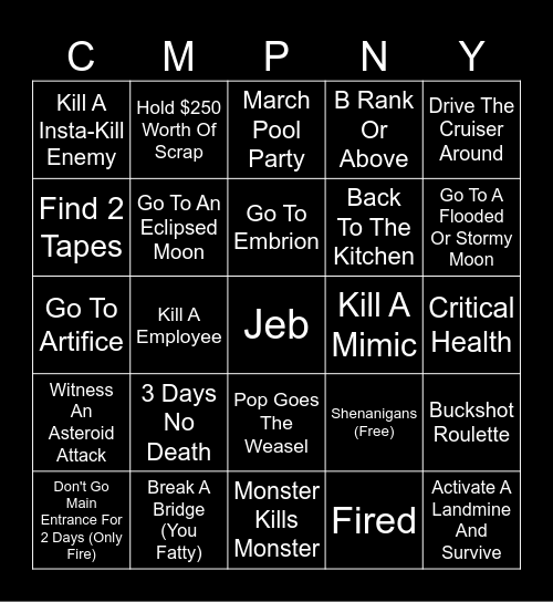 Lethal Company BINGOOOOOOO!!! Bingo Card