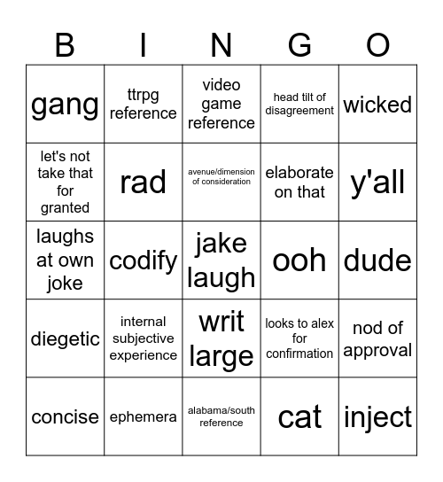 jake-isms bingo Card