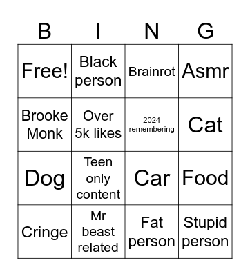 YouTube short bingo Card