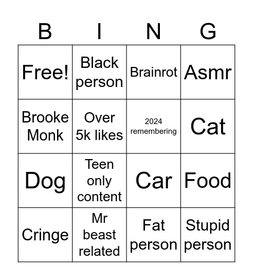 YouTube short bingo Card
