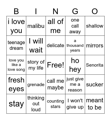 Love songs Bingo Card