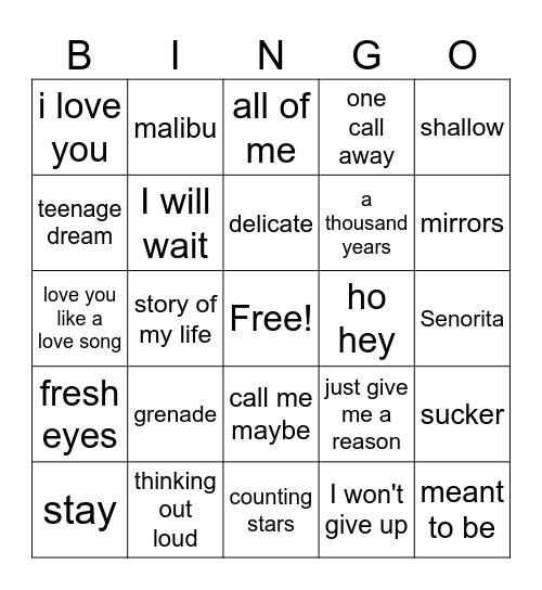 Love songs Bingo Card