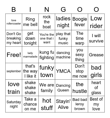 70's Dance Party Bingo Card