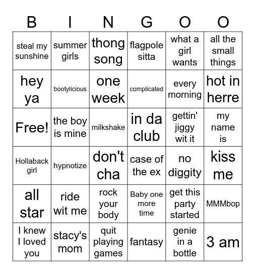 Y2K POP Bingo Card
